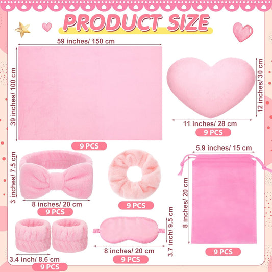 Fanfanwin 63 Pcs Spa Sleepover Party Supply Set 9 Pink Fleece Blankets 9 Fluffy Pink Heart Throw Pillows 9 Satin Eye Masks 9 Spa Headband 9 Wristband 9 Plush Scrunchies 9 Gift Bags for Slumber Party