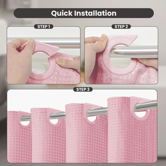 Inhousolu No Hook Shower Curtain with Removable Snap-in Liner, Waffle Weave 230 GSM Polyester, Weighted Hem, Water Repellent Washable, 72 x 72 Inch, Pink