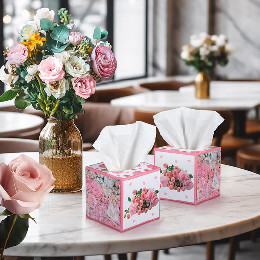 Fourluoo 12 Pack Summer Rose Floral Facial Tissues Cube Boxes 600 Sheets 3 Ply Pink Small Square Flower Face Tissues Bulk for Summer Car Bedroom Supplies