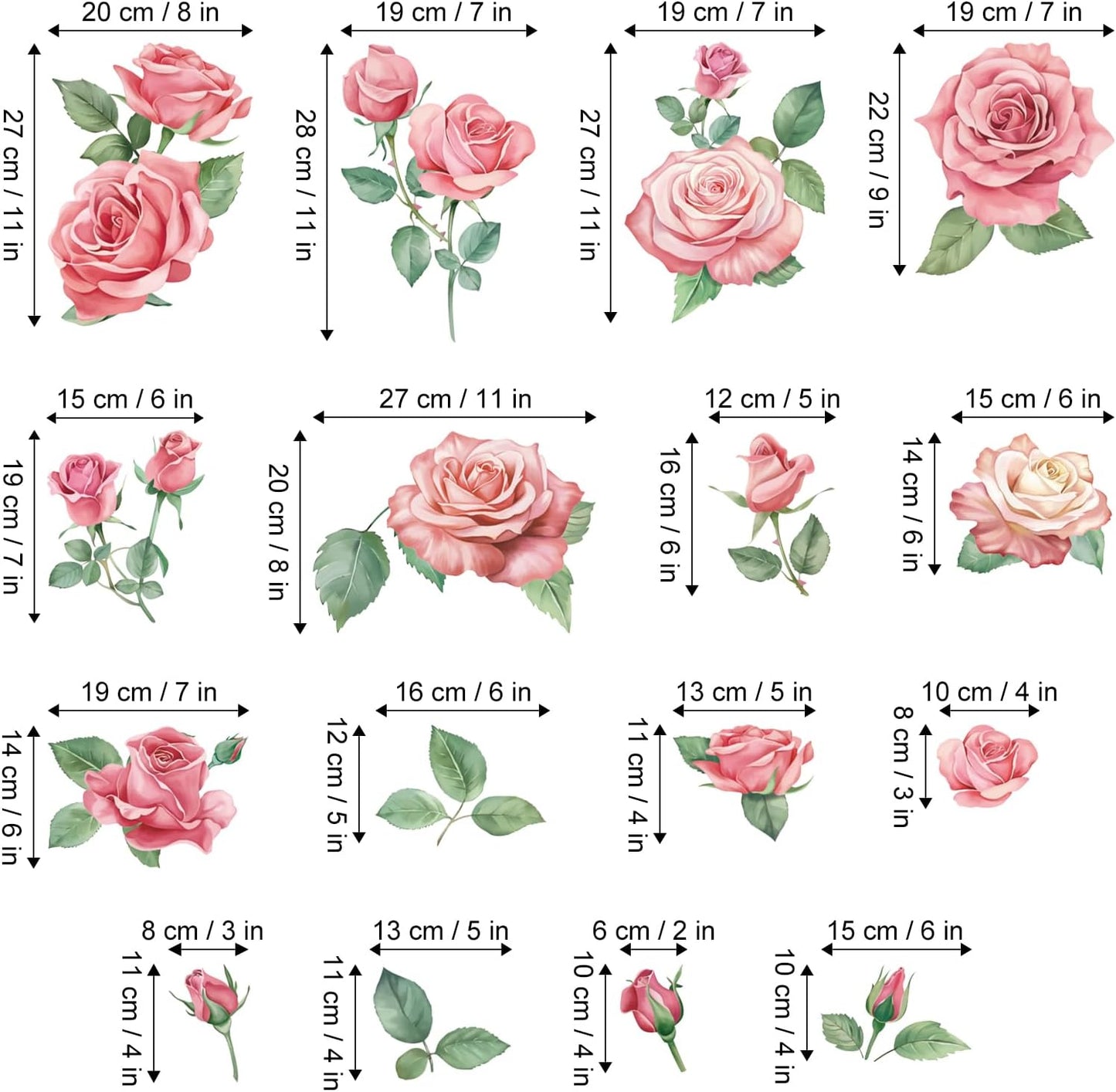 Rose Flowers Wall Decals, Pink Floral Leaves Wall Stickers, Peel and Stick Wall Decor for Bedroom Living Room Sofa TV Background