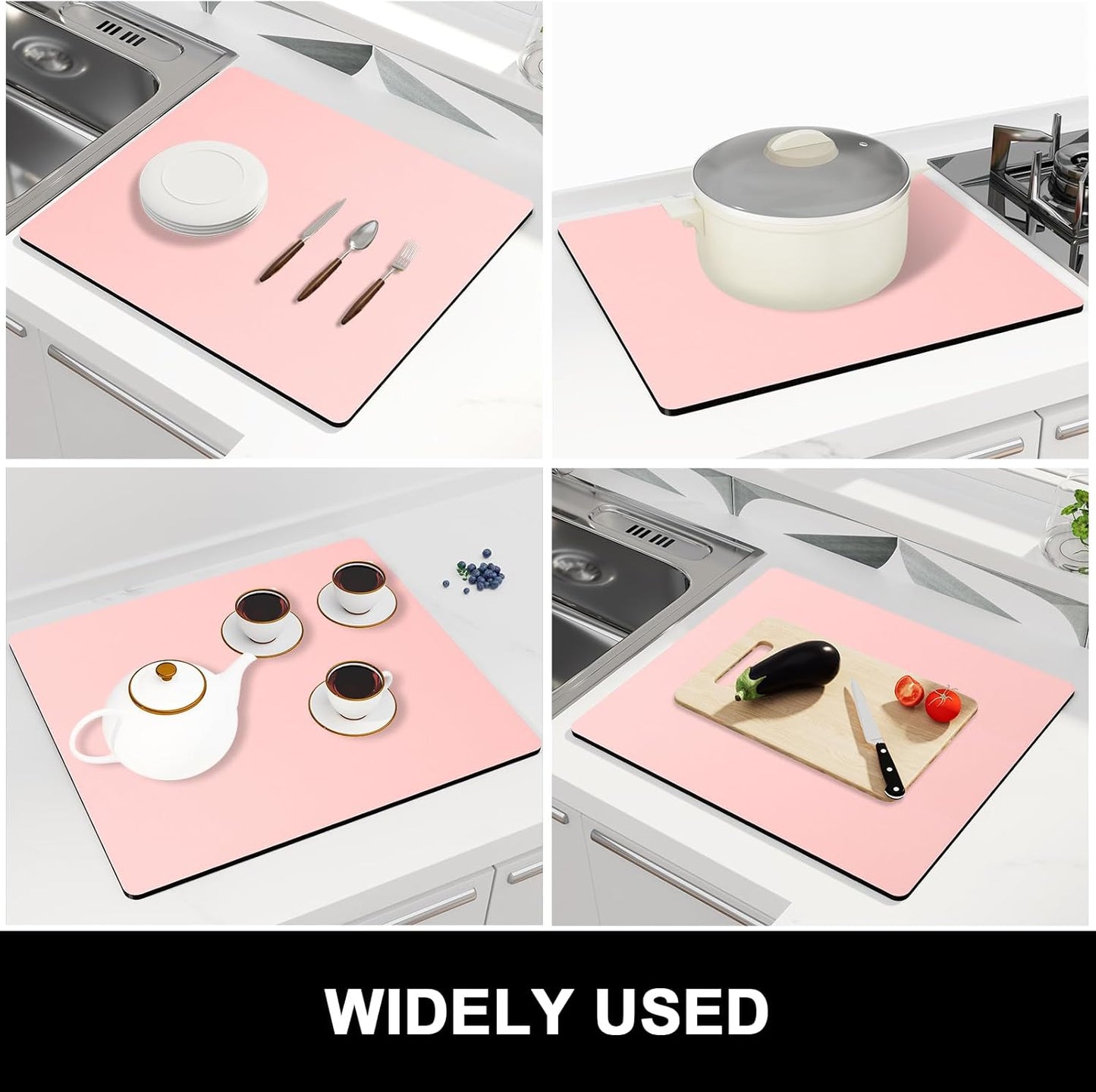Rnivvi Dish Drying Mat for Kitchen Counter, 16 x 18" Cute Absorbent Heat Resistant Drying Pad with Non-slip Rubber, Coffee Bar Mats for Coffee Machine Dish Rack Kitchen Decor Accessories, Pink