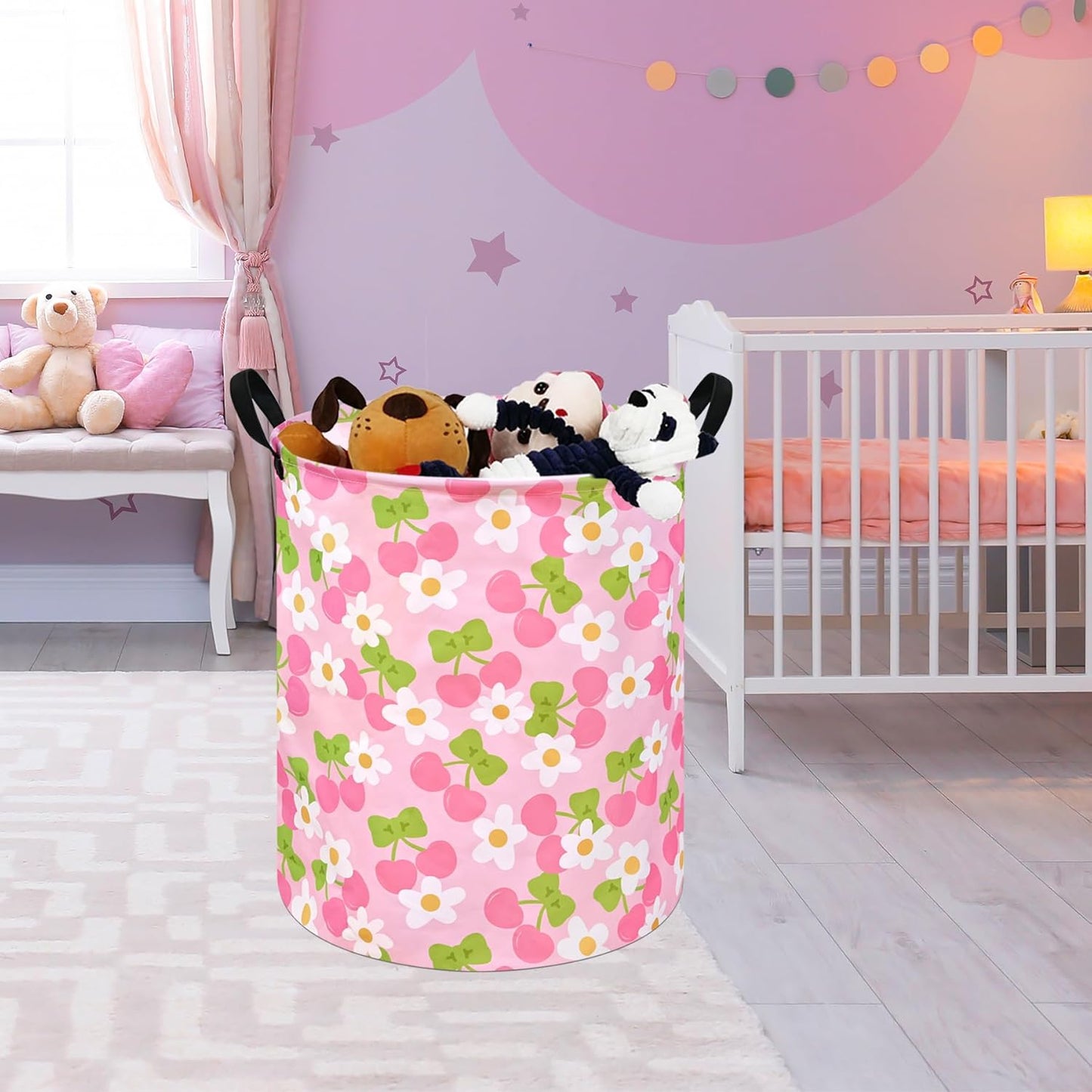 Kids Laundry Hamper Clothes Gift Basket Storage Laundry Baskets Organizer Bin with Handles for Nursery Room (Pink Cherry)
