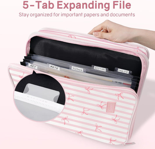 SUNEE Zippered Binder Bag with Handle, 2-Inch 3-Ring O-Ring, 500-Sheet Capacity, Includes Zip Pocket, 5-Tab Expanding File Folder, Multi-Pocket Organizer Binder for Middle School, Pink Bow