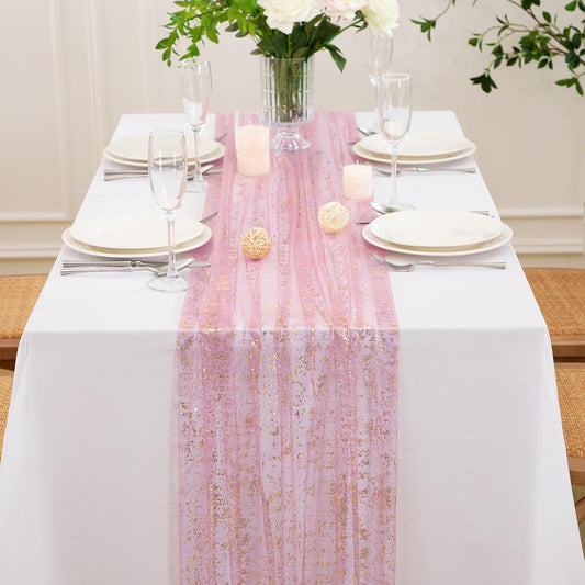 P Pothuiny 2 Pcs Dusty Pink Table Runner 28 x 120 Inch, Glitter Metallic Foil Tulle Table Runner Party Golden Sheer Gauze Table Decor for Wedding Birthday Christmas Anniversary
