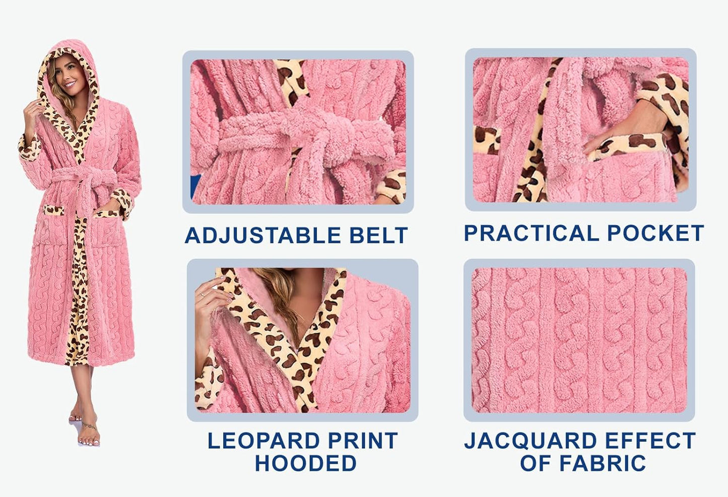 RONGTAI Womens Robe Soft Fuzzy Fleece Long Bathrobe Leopard Print Housecoat with Pockets & Belt S-XXL