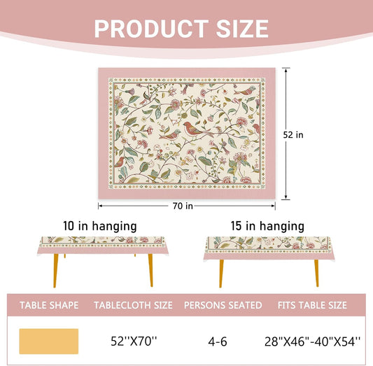 Boho Flower Birds Rectangle Tablecloth 60 x 120 Inches, Pink Bohemian Vintage Floral Decorative Dining Table Cloth, Farmhouse Elegant Dinner Tablecover Picnic Party Decoration