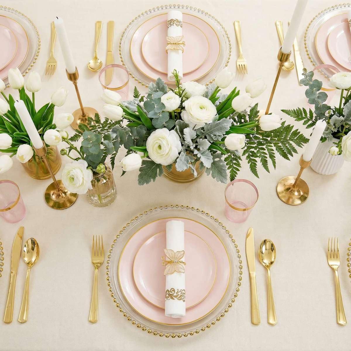 Rubtlamp 210Pcs Plastic Pink Plates with Gold Plastic Silverware Set Include 30Pink Dinner & 30 Dessert Plates, 90Gold Cutlery, 30Gold Cups, 30Napkins, Pink Dinnerware for Valentines&Mother's Day