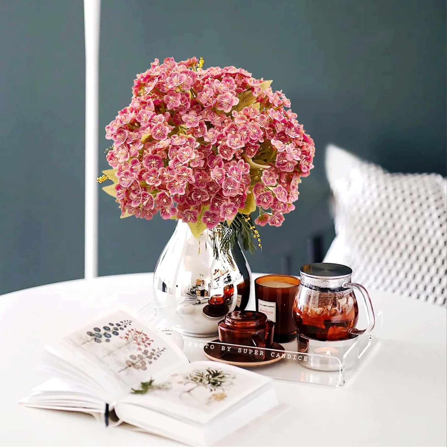 SNAIL GARDEN 588Pcs Bulk Mini Pink Hydrangea Artificial Flowers Heads, Real Touch Faux Hydrangea Stems with Leaves for DIY Wedding Floral Arrangements, Home Office Decor, Vase Fillers