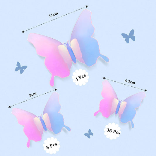 BBTO 48 Pieces Butterfly Wall Decor DIY 3D Mirror Butterfly Stickers Removable Decals Crafts for Birthday Party Bedroom School Bathroom Living Room Decor(Transparency Colorful Pink)