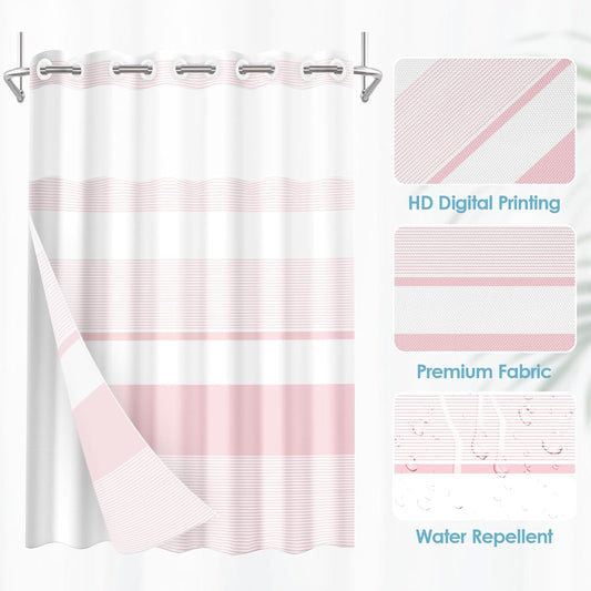 No Hook Pink Shower Curtain with Snap in Fabric Liner Set, Striped Modern Double Layers Waterproof Fabric with See Through Top Window Open Grommet Bath Curtain 71x74 Inch