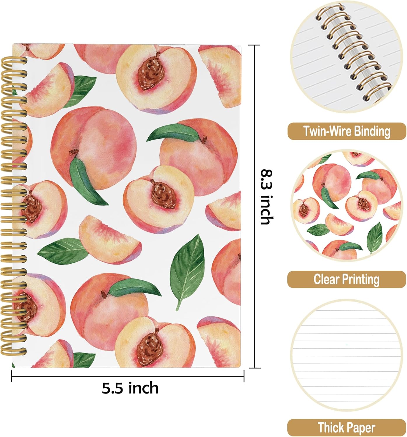 Summer Cute Peach Journal Notebook - Aesthetic Preppy Peach Notebooks College Ruled for Work School, Gifts for Girls, Office Supplies, Hardcover Spiral Notebook 5.5"x8.3"