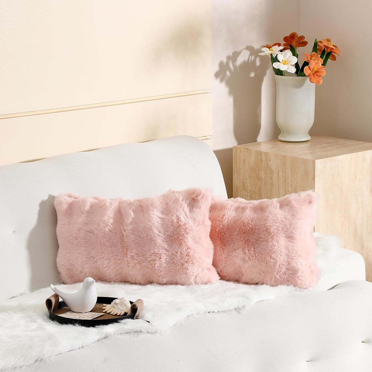 linmopm Excluding Insert Faux Rabbit Fur Bubble Pack of 2 Throw Pillow Cover Double Side 12x20 Inch Pink Thick Plush Dense Fuzzy Decorative Cushion Covers for Couch Bedroom