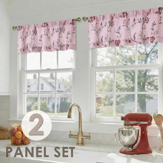 OWENIE Printed Floral Valances for Windows - Light Filtering Elegant Faux Linen Textured Flower Printed Window Valance, Small Curtains for Bedroom Living Room Basement, Each 52Wx 14L, 2 PCS, Pink