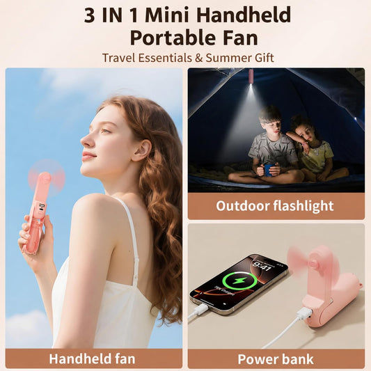 Portable Fan Mini Handheld Fan, Cute Pocket Personal Fan, USB Rechargeable Travel Fan with Power Bank & LED Flashlight, Foldable Small Cooling Fan for Beach, Summer Essentials,Summer Gift for Her