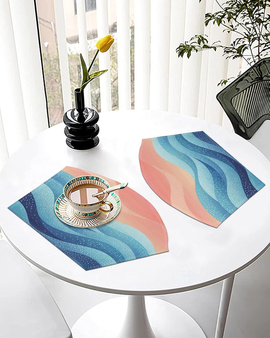 Round Table Placemats Set of 4, Blue Peach Layered Ocean Waves Wedge Table Mat Washable Placemat, Gradient Striped Fan Shape Place Mats for Kitchen Indoor Outdoor