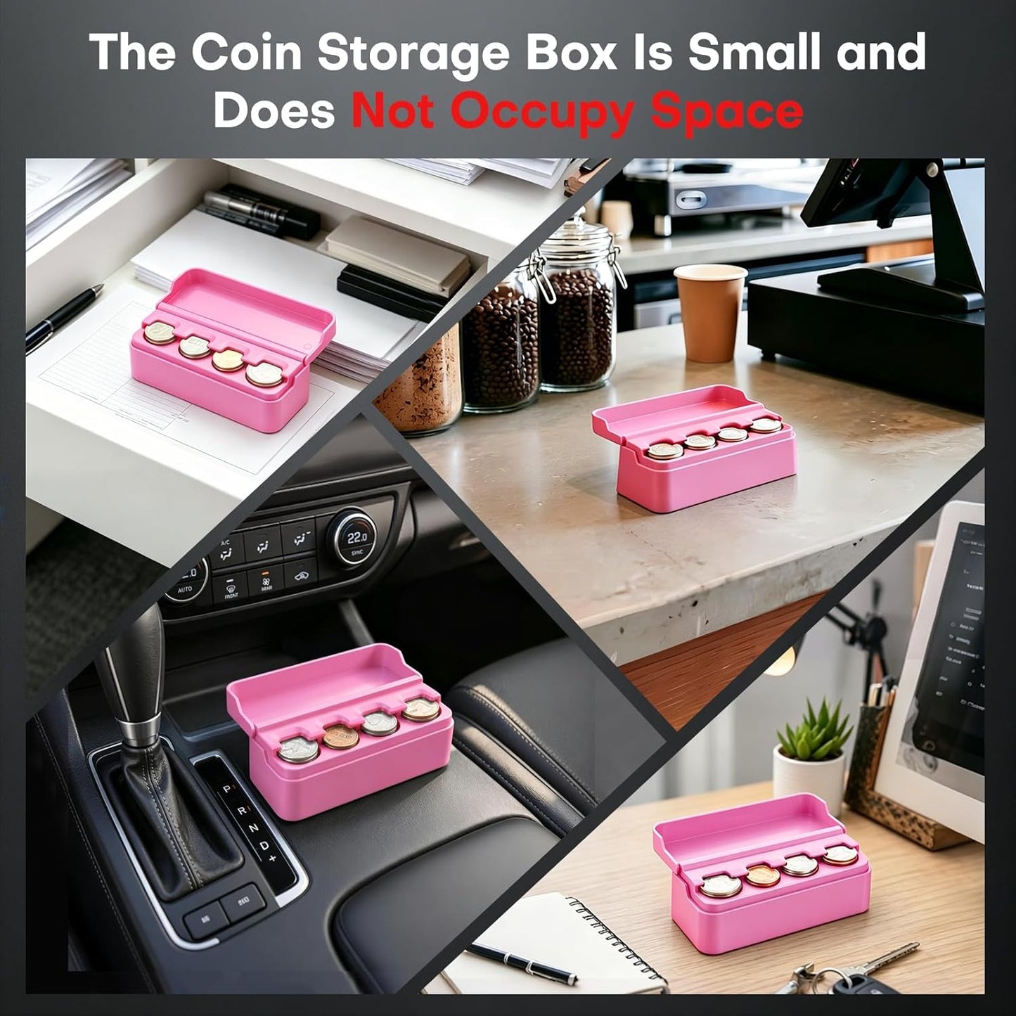 SINGARO Coin Holder for Car, Coin Change Organizer Compatible with Coins of Different Sizes, Dash-Mounted Holder Suitable for Most Cars, Trucks(Pink)