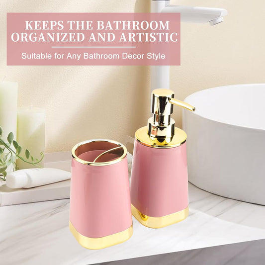Bathroom Accessories Set, 2Piece Pink and Gold Bathroom Accessories Include Soap Dispenser and Toothbrush Holder for Modern Bathroom Decor