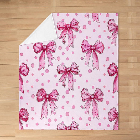 Erosebridal Pink Princess Bow Fleece Blanket Baby 30"x40" Cute Coquette Bowknot Flannel Blanket Kawaii Ribbon Bow Fuzzy Plush Throw for Kids Girls Adults,Pink Watercolor Polka Dot Decor for Bed Couch