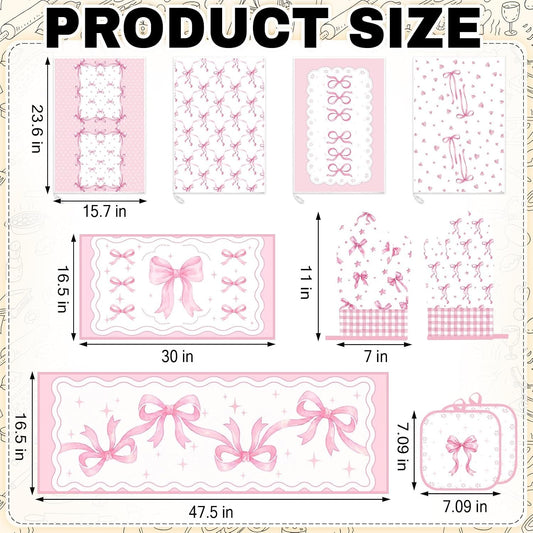 10 Pcs Pink Kitchen Decor and Accessories Set, Cute Pink Bow Coquette Theme Kitchen Towels Rugs Oven Mitts and Pot Holders, Ribbon Heart Decor Gift for Girls Mom Women