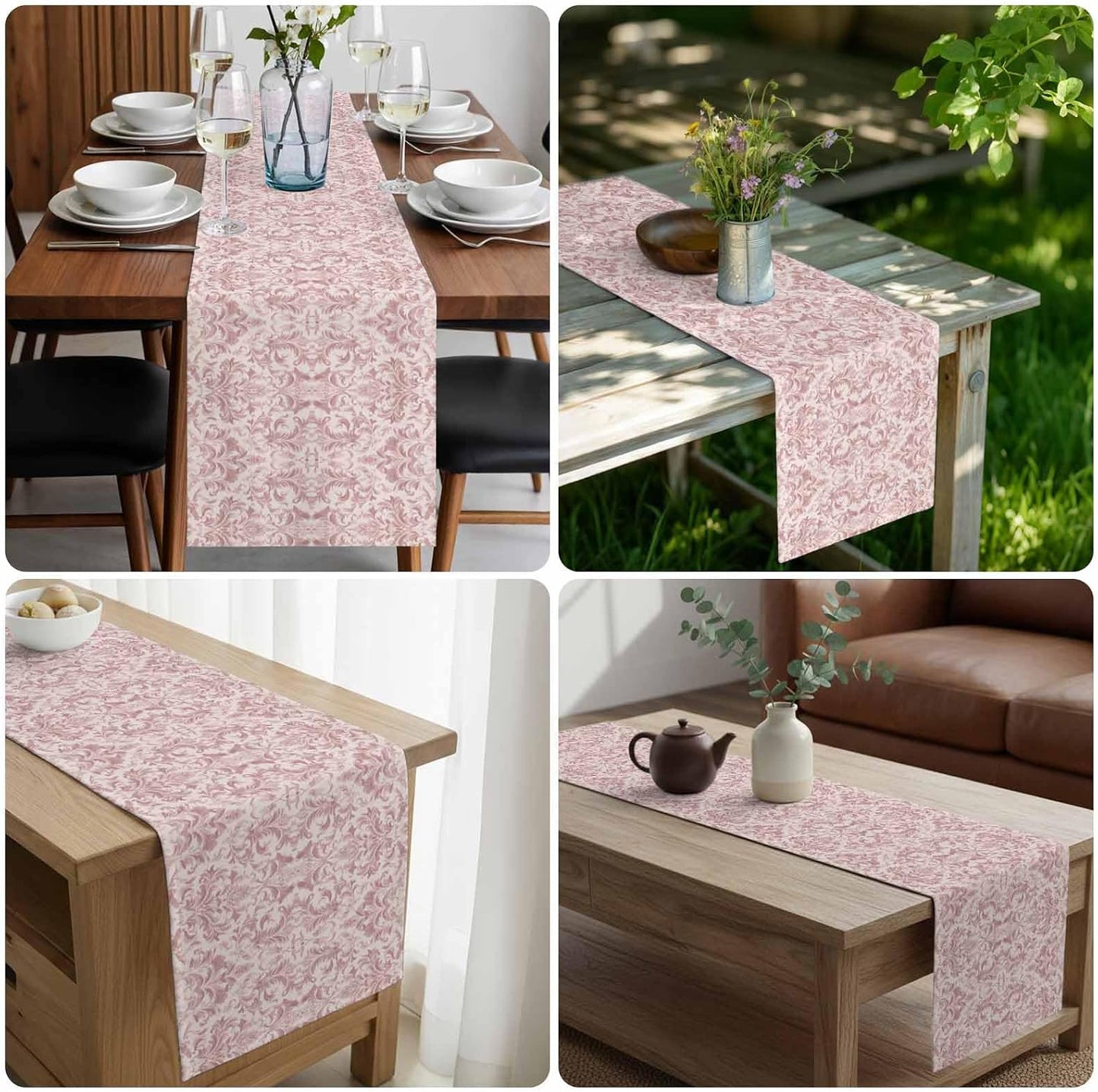 Pink Baroque Table Runner 70 Inches Long, Kitchen Dining Table Decoration, Farmhouse Scroll Floral Damask Patterned Coffee Tablerunner Dress Scarves Farmhouse Décor for Party, Holiday, 13 x 70