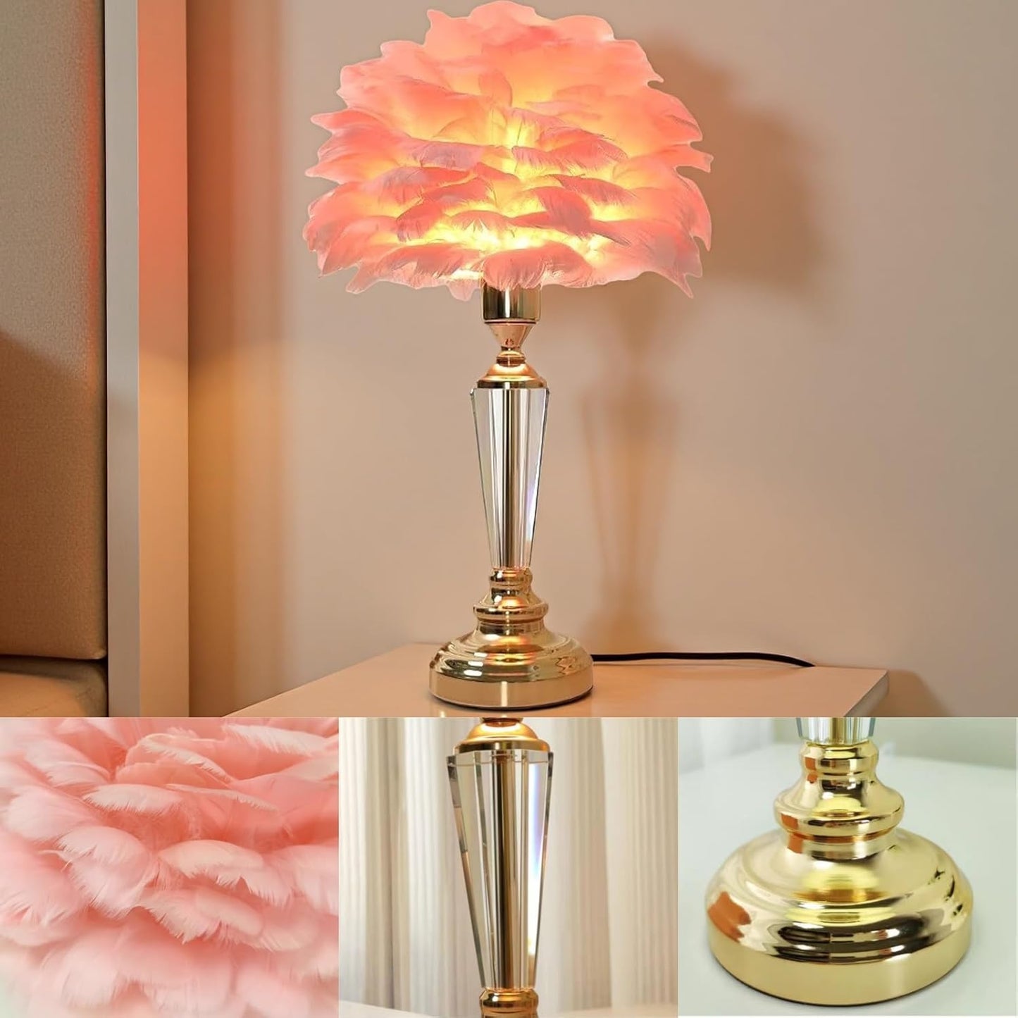 Pink Feather Lamp Cute Princess Table Lamp Romantic Furry Goose Feather Decoration Desk Light Creative Bedside Lamps for Kids Wedding Bedroom Girls' Room Decor