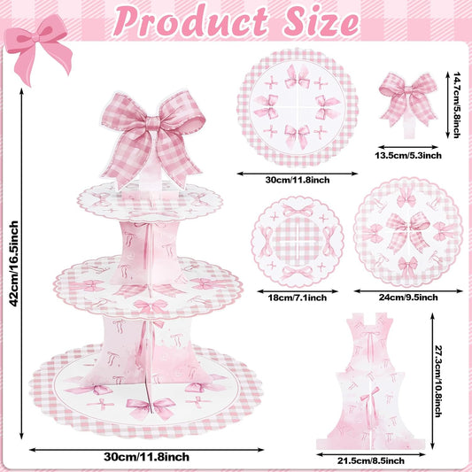 NatNarr 2 Pack Pink Bow Birthday Decorations Bow Cupcake Stand Coquette Theme Birthday Decorations for Women Girls Bachelorette Bridal Engagement Wedding Baby Shower Supplies