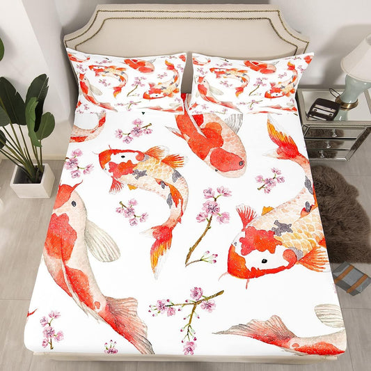 Colorful Goldfish Fitted Sheet Full Size,Pink Peach Blossom Bed Sheet for Kids Teens Adults Room Decor,Gorgeous Animals Plants Bedding Set Traditional Chinese Style Top Flat Sheet,2 Pillowcases