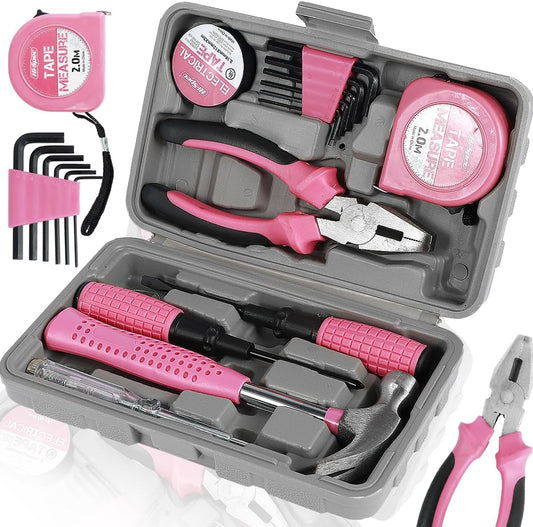 13/24Pcs Household Repair Tool Kit Multi-Purpose Pink Home Hand Tool Set with Storage Case Hammer and Allen Key Set with Electrical Tape Screwdriver Test Pen Plier Bits QUZHEMA_US