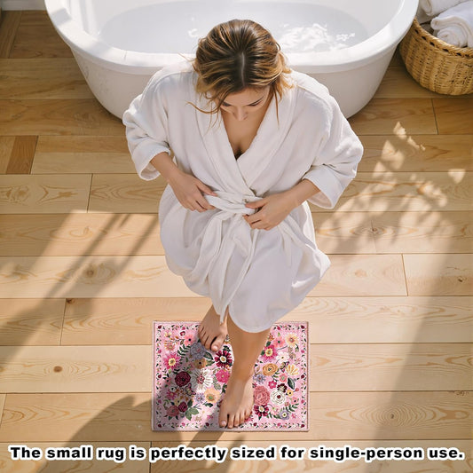 Pink Area Rugs 24x17 Inch Home Decor Entry Rug, Small Door Mat Bath Mats for Bathroom, Ultra-Thin Non Slip Floral Low Pile Tub Mat for Sink Shower Doorway Tub Kitchen Sink(2 x 1.4, Pink Garden)