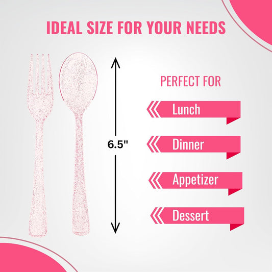 Blue Orchards Pink Glitter Plastic Spoon and Fork Set (50 Each) – Durable Pink Glitter Utensils, Heavy Duty Disposable Colored Cutleries and Plastic Utensils for Parties, Birthdays, Wedding and Events