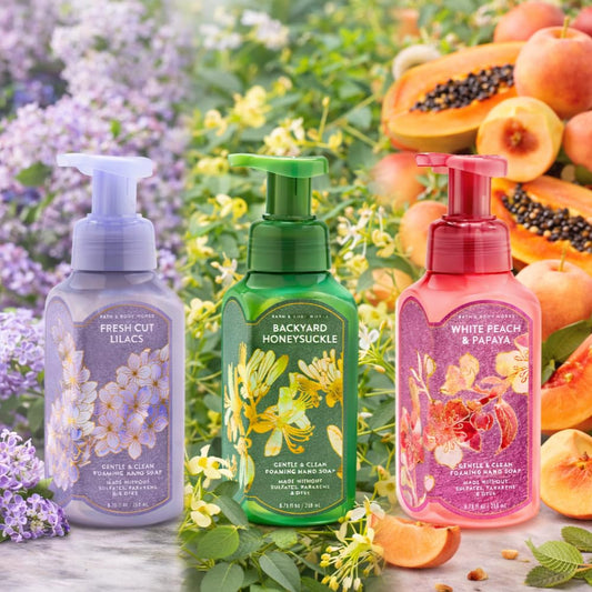 Bath & Body Works Gentle & Clean Foaming Hand Soap – FRESH CUT LILACS, BACKYARD HONEYSUCKLE, WHITE PEACH & PAPAYA 3pc bundle – 8.75 fl oz each - Fresh Floral & Fruity Scents