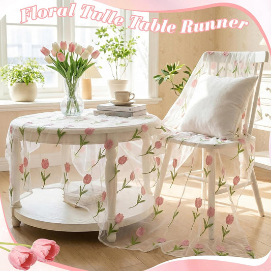 Mindsoft 3 Pcs Pink Floral Tulip Table Runner 10ft Gauze Embroidery Tulip Sheer Floral Tulle Easter Lace Table Runner for Wedding Bridal Baby Shower Holiday Dining Decor DIY