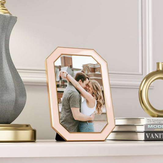 RICHFOCUS 4x6 Enamel Picture Frame with HD-Tempered Glass, Octagon Photo Frame with Gold Metal Edge and Velvet Back for Tabletop and Wall Mount Display, Pink