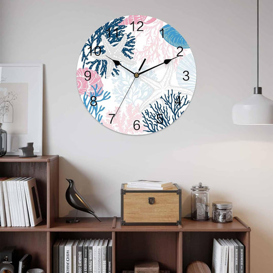 LooPoP Wall Clock Ocean Coral Starfish Clocks PVC Silent Non-Ticking Battery Operated Blue Pink Coastal Shell Conch Round Clock for Home Living Room Kitchen Bedroom Office School Wall Decor 12 Inch