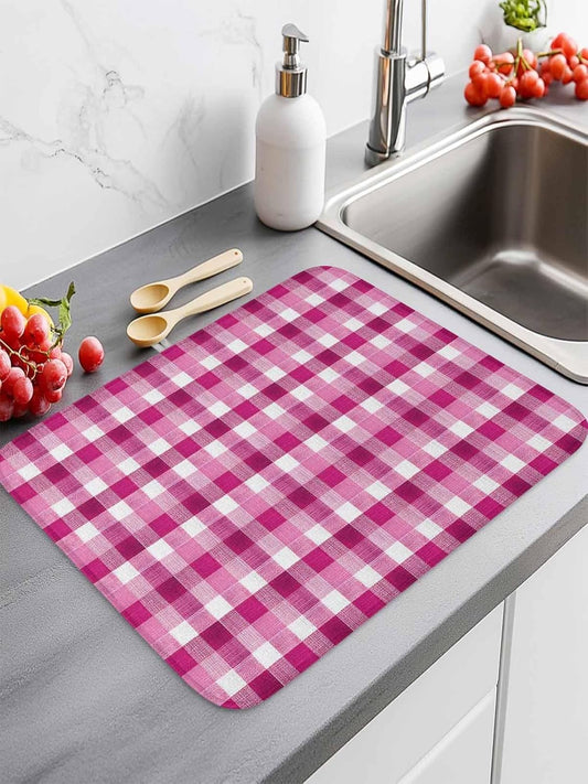 Pink White Check Dish Drying Mat 18x24 inch Modern Pink Theme Simple Super Absorbent Microfiber Dish Drying Pad for Kitchen Countertops Sink Dish Drainer Racks Coffee Bar Mats 2 Pack