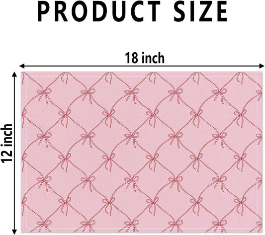 Set of 4 Pink Bow Placemats, Wipeable Washable Heat-Resistant Linen Fabric Table Place Mats, Non-Slip Cute Placemat for Kitchen Table Wedding Party Indoor/Outdoor Decor 12x18 Inch /02
