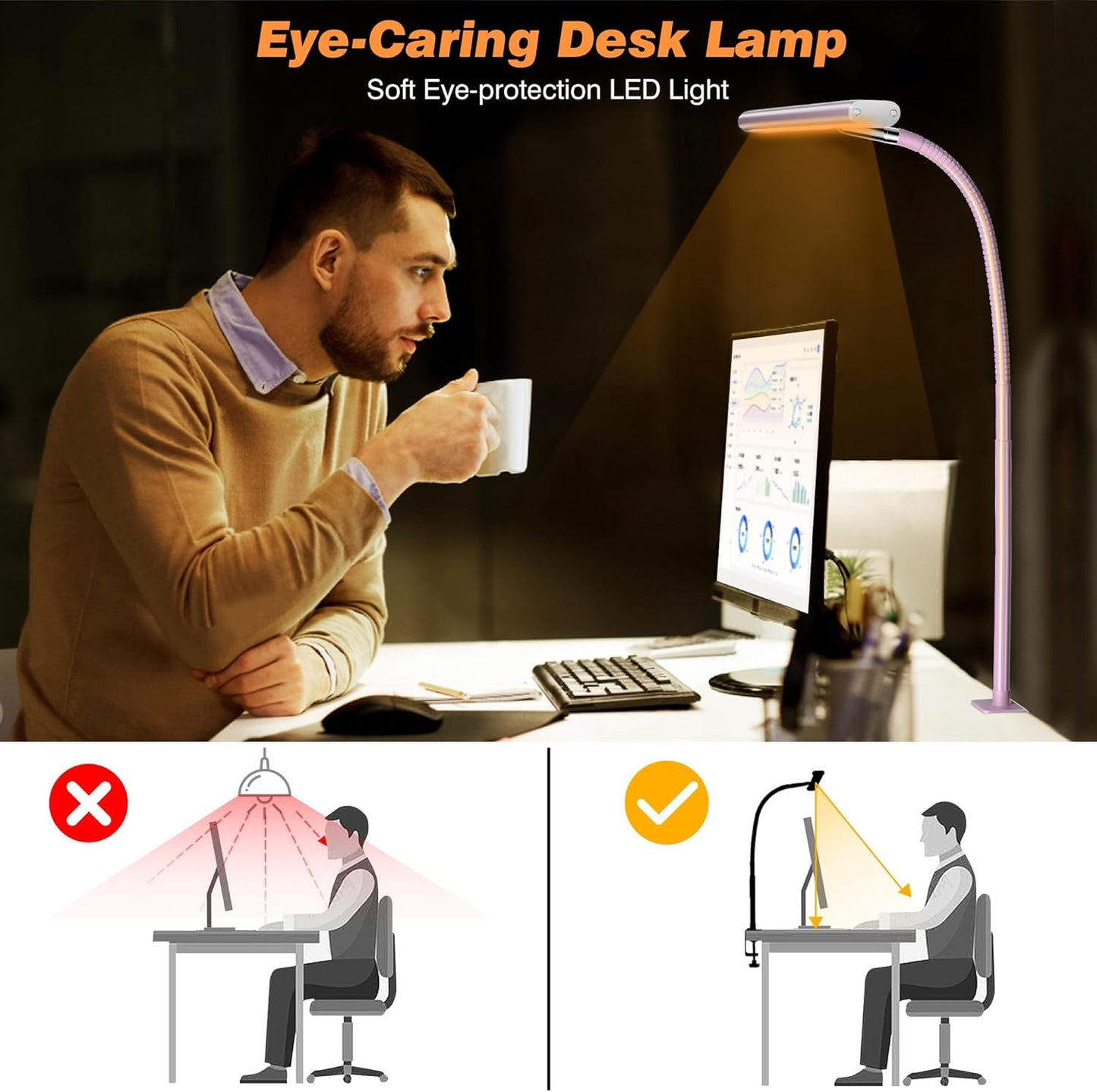 Airlonv LED Desk Lamp for Office Home, Eye-Caring Desk Light with Stepless Dimming Adjustable Flexible Gooseneck, 10W USB Adapter Desk Lamp with Clamp for Reading, Study, Workbench (Pink)
