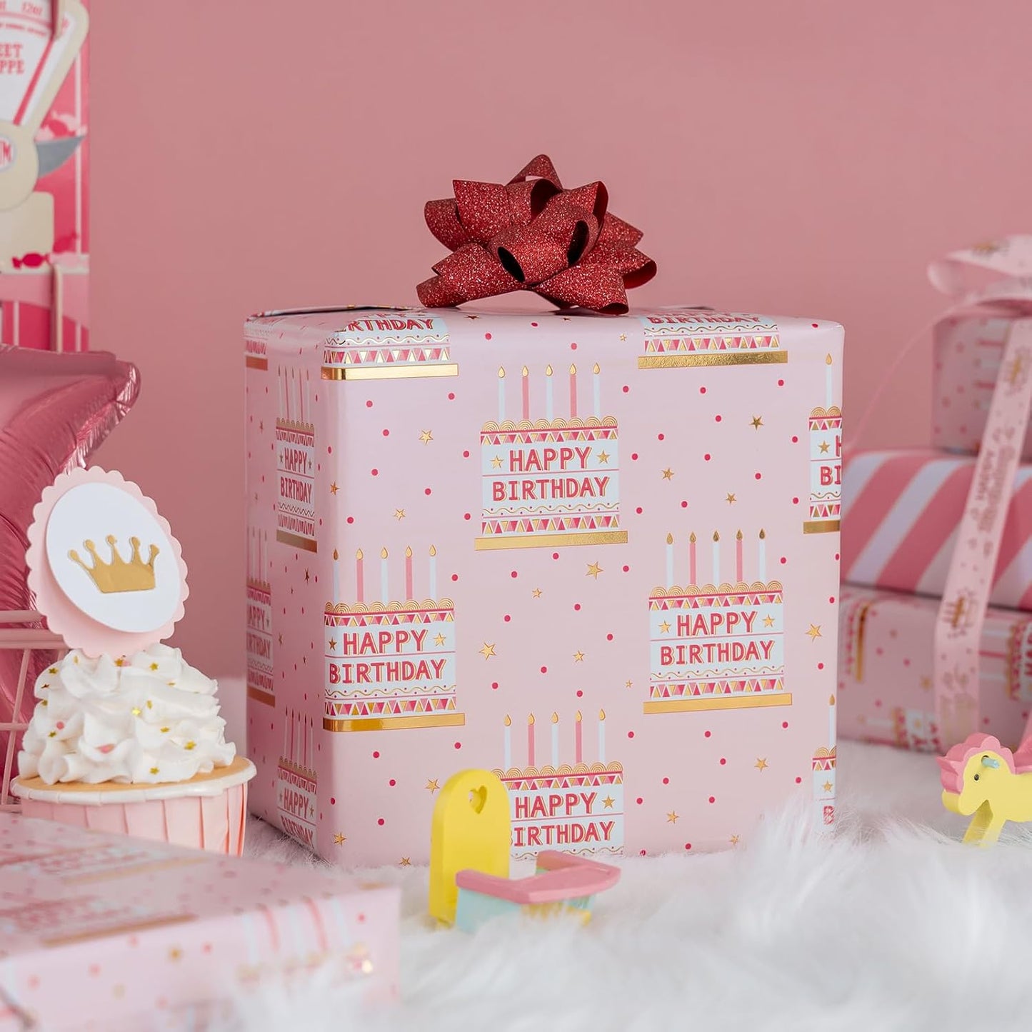MAYPLUSS Pink Birthday Wrapping Paper Roll - 17 Inch X 16.5 Feet - Girly Shiny Metallic Pink Birthday Cake Pattern Reversible Gift Wrap Paper Pastel for Girl Baby Shower Wedding Bridal Shower