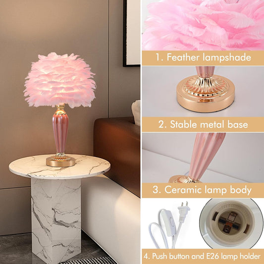 ZYLEISENBAO Pink Feather Lamp Creative Princess Bedside Lamp Feather Table Lamp Cute Goose Nightstand Light for Girl Bedroom Living Room Entryway Hotel Office Wedding Valentines