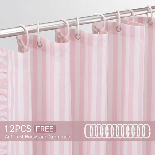 Pink Striped Shower Curtain with Ruffle Edge Cotton-Textured Shower Curtain 72x72 Inches Vintage Country Style Fabric Bath Decoration for Farmhouse Bathroom