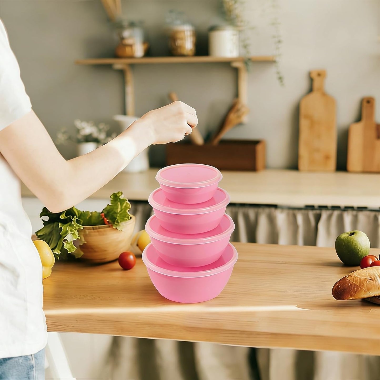 4-Piece Classic Plastic Prep Bowls with Lids, Nesting Plastic Small Mixing Bowl Set for Mixing, Baking, Prepping, Cooking and Serving Food, Microwave and Dishwasher Safe (Pink)