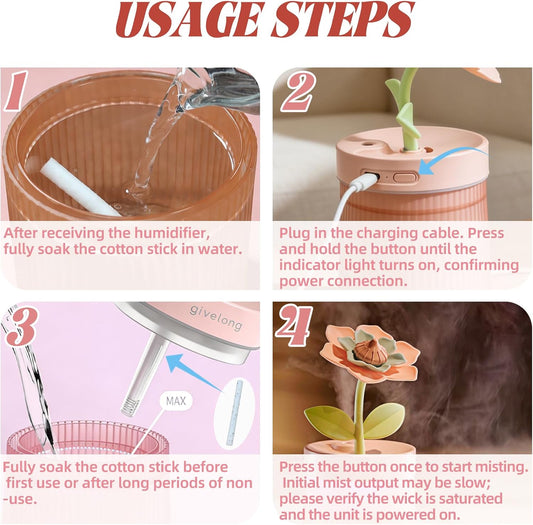 Cute Mini Humidifier 320mL Cool Mist Humidifie mute with 2 Mist Modes,for Home/Nursery/Office,Portable Mini Air Moisturizer,rechargeable mini humidifier(Gardenia pink)