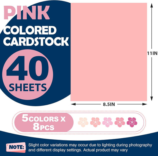 40 Sheets 8.5" x 11" Colored Cardstock, 5 Assorted Pink Shades of 180GSM/65LB Construction Paper, Pink Cardstock Printer Paper for Printing, Card Making, DIY Crafts, School Supplies, Party Decorations