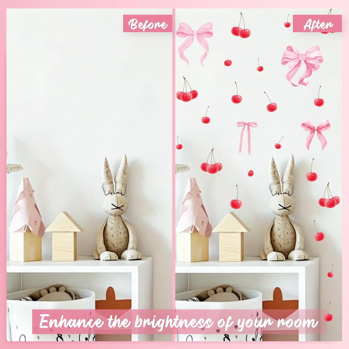 Bow and Cherry Wall Decals, 86Pcs Pink Coquette Bows Cherries Wall Stickers Peel and Stick for Girls Bedroom Nursery Kindergarten Coquette Wall Decorations 8 Sheets