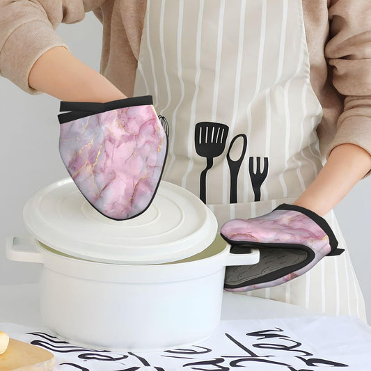 Light Pink Marble with Gold Mini Silicone Oven Mitts Heat and Slip Resistant Kitchen Mittens,Short Oven Gloves for Safe Cooking Baking & Grill,5.9"X5.9"