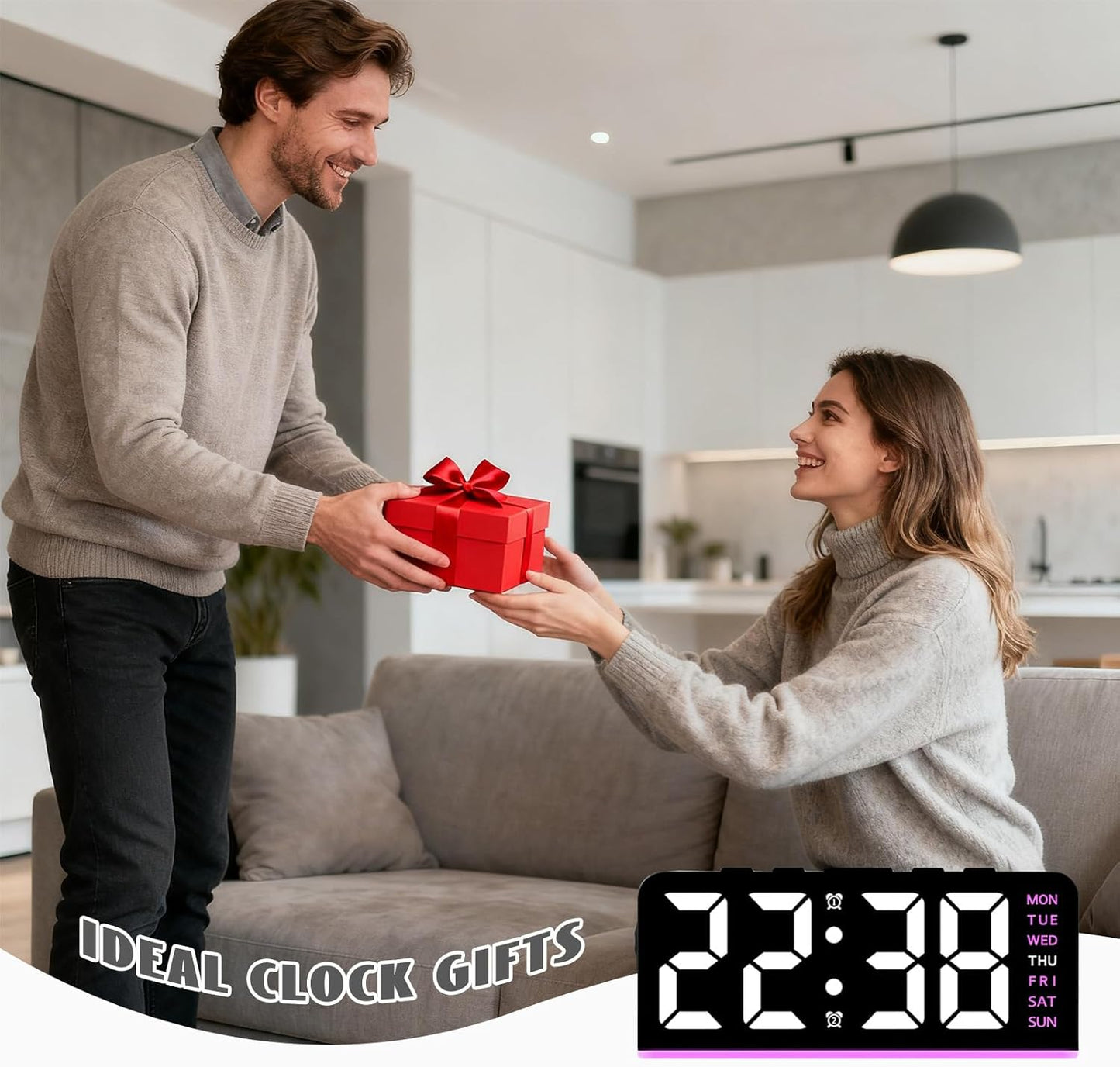Digital Alarm Clocks, Rectangular LED Alarm Clock, Small Modern Table Clock with Night Lights, Four Adjustable Brightness Levels, Bedside Clock with Week Display for Bedroom Office Living Room (Pink)