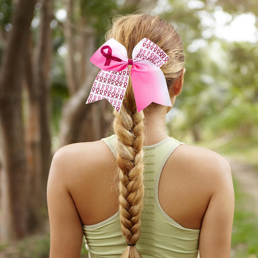 20 Pieces 7 Inch Breast Cancer Awareness Cheer Bows Pink Ribbon Hair Band Elastic Scrunchies Cheerleading with Hair Band Hair Accessories for Teens Women (light pink)