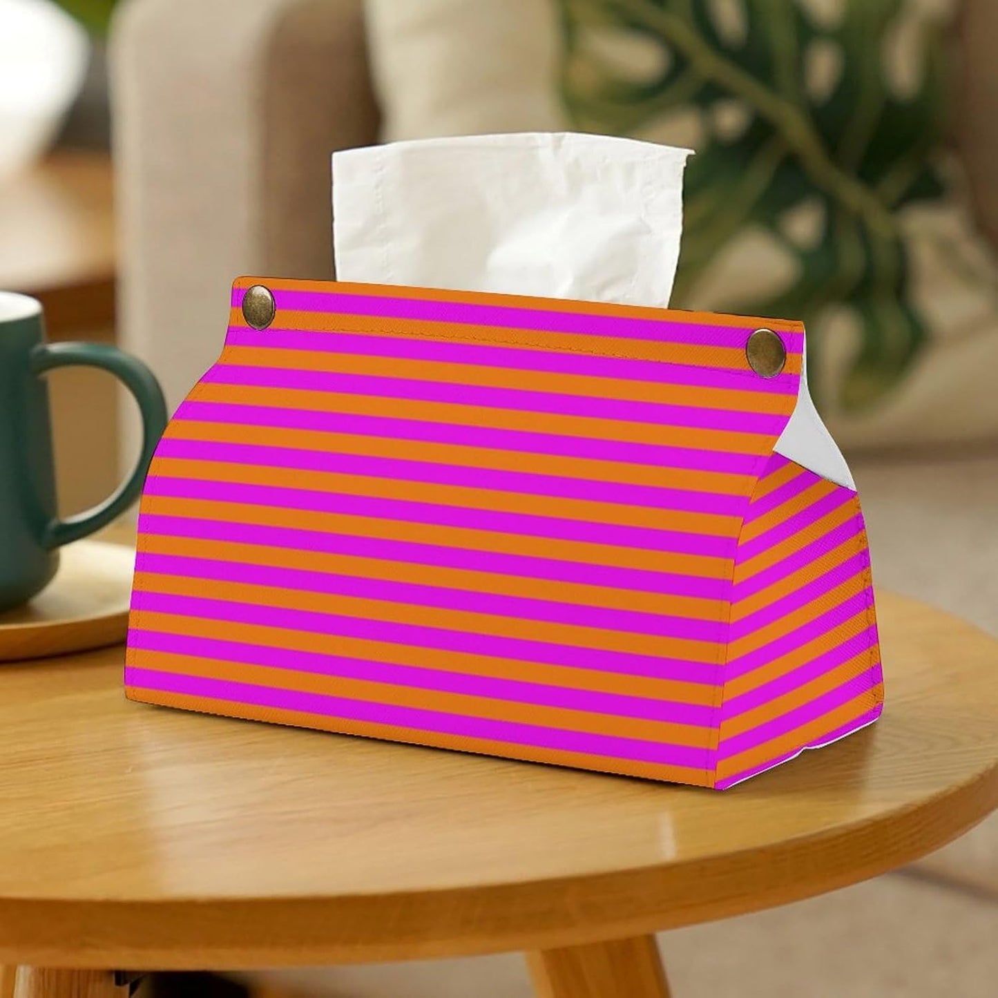 Pink and Orange Stripe Pattern Tissue Box Cover PU Leather Facial Tissue Dispenser Boxs for Office Car & Bathroom