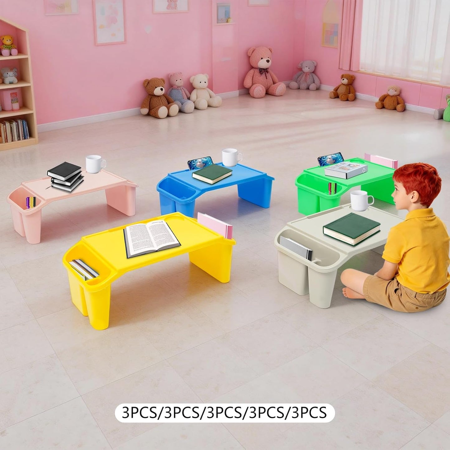 Kids Lap Desk, Stackable Portable Lap Tray with Storage Slots - Multicolor Kids Plastic Table (Blue+White+Pink+Green+Yellow, 15PCS)