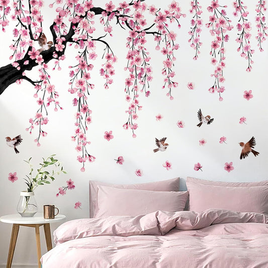 Pink Cherry Blossom Branch Wall Stickers Right-Extending Large Floral Bird Wall Decals Peel and Stick Waterproof Decor for Bedroom Living Room Art Decoration